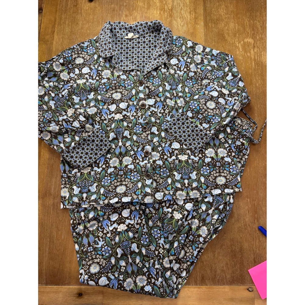 Vera Bradley Womens Pajama Set Medium Brown Blue Floral Cat Cotton 2 Piece